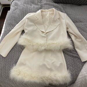 Elegant Cream Skirt Set with Feather Trim